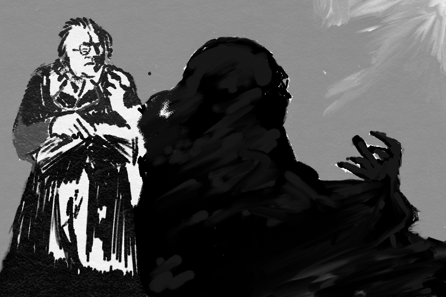 Dr. Caligari steht vor einer Wand und wirft einen Schatten.